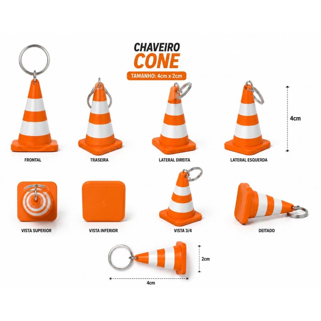 Chaveiro Mini Cone de Trânsito 3D 4cm Laranja e Branco para Chaves, Mochila e Bolsa