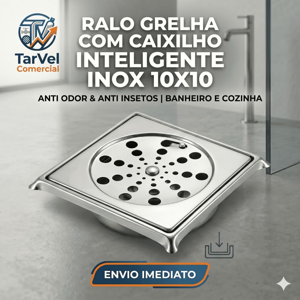 Ralo Grelha Inox 10x10 Quadrado com Caixilho Banheiro Lavanderia Piso