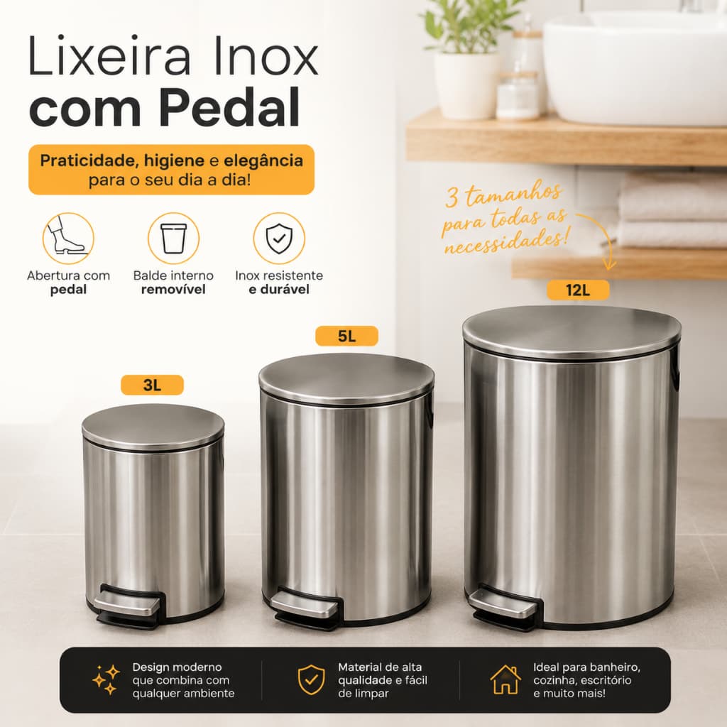 Lixeira Inox com Pedal 3L 5L 12L Balde Removível Slim Premium Banheiro Cozinha Escritório
