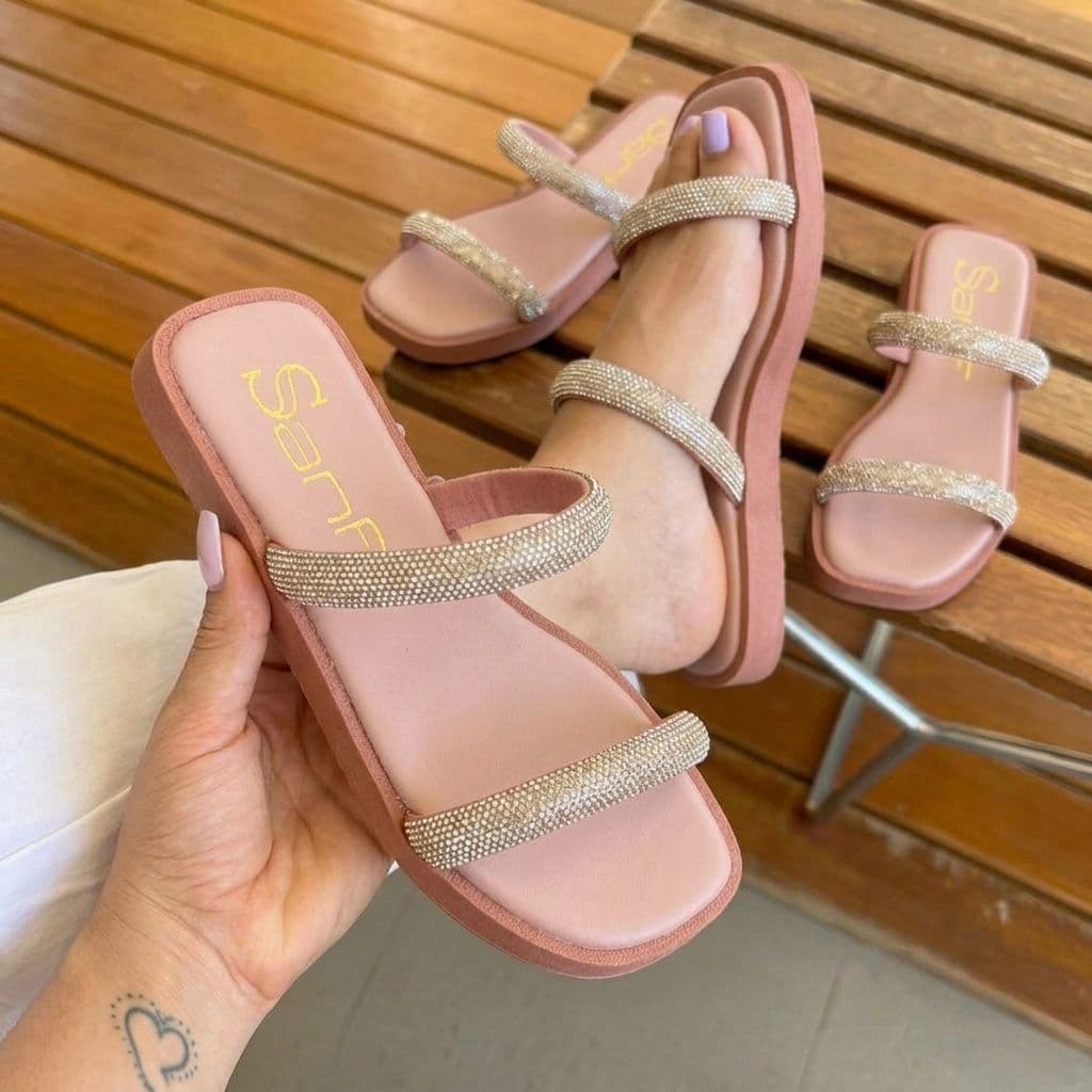 Papete Sanf Sandália Feminina Rasteirinha Flatform Strass Brilho Slide Confortável Elegante Casual