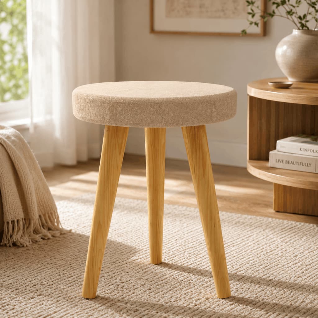 Banqueta Tripé Desmontável Suede Pé Palito Decoração Retrô Banquinho Banco Cadeira Puff Poltrona Luxo Estofado Madeira