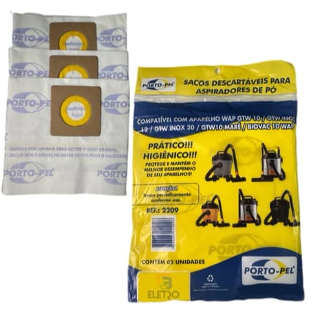 Kit C/3 Filtro Saco Papel Aspirador de Pó Wap Gtw10 e GTW12 Inox Ref 2209