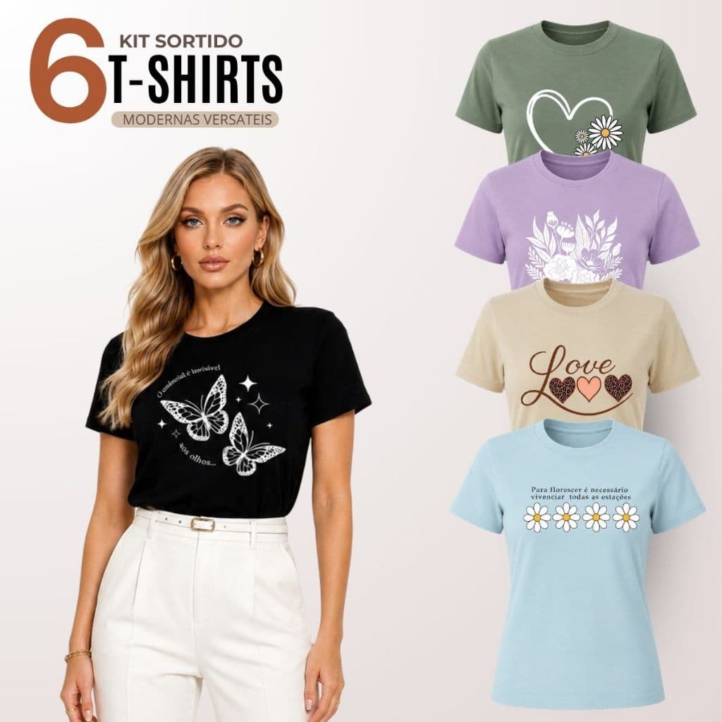 Kit 6 Blusas Feminina Baby Look 100% Algodão Malha Premium