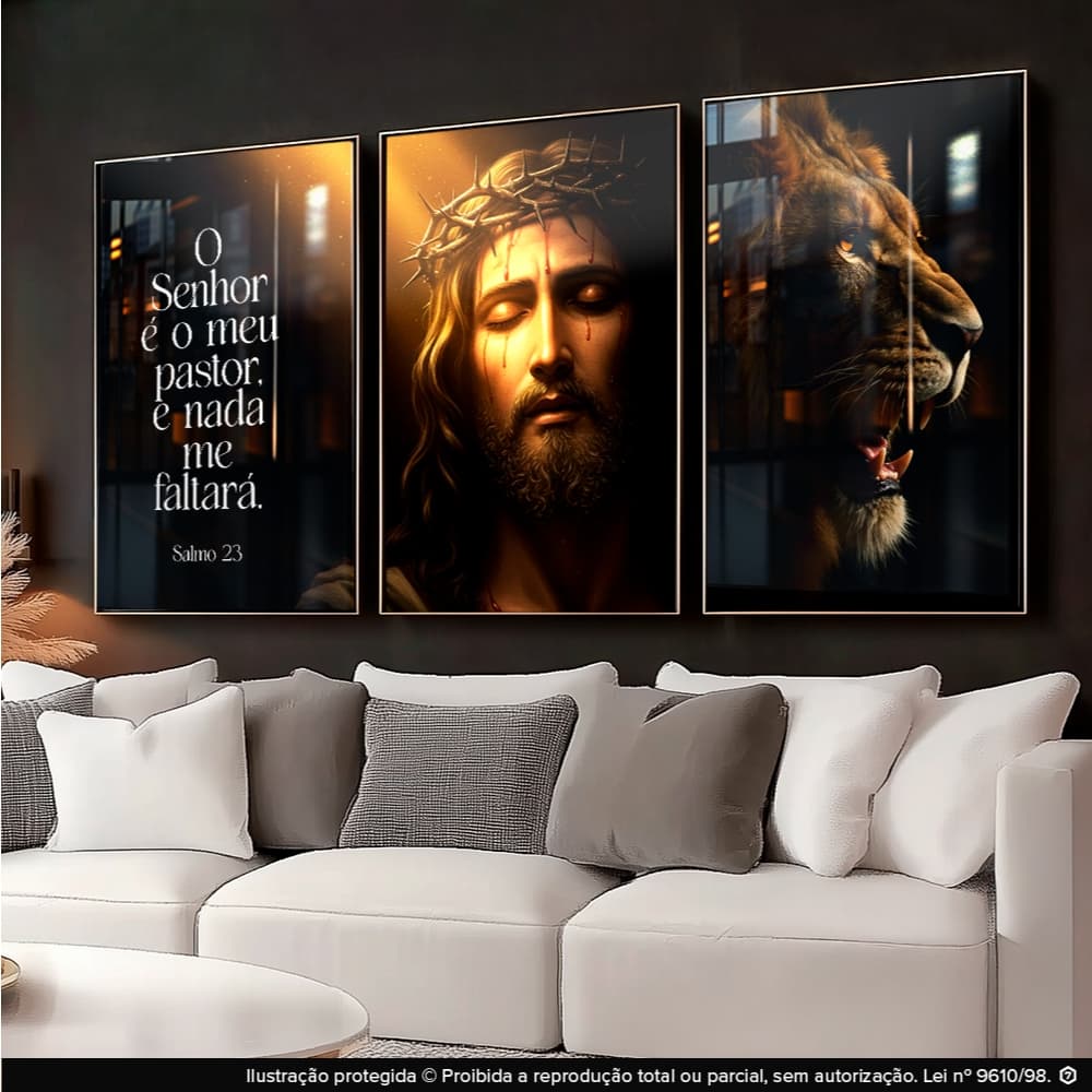 Quadros Decorativos Leão de Judá Salmos 23 Senhor É Meu Pastor Jesus Religioso 122x60