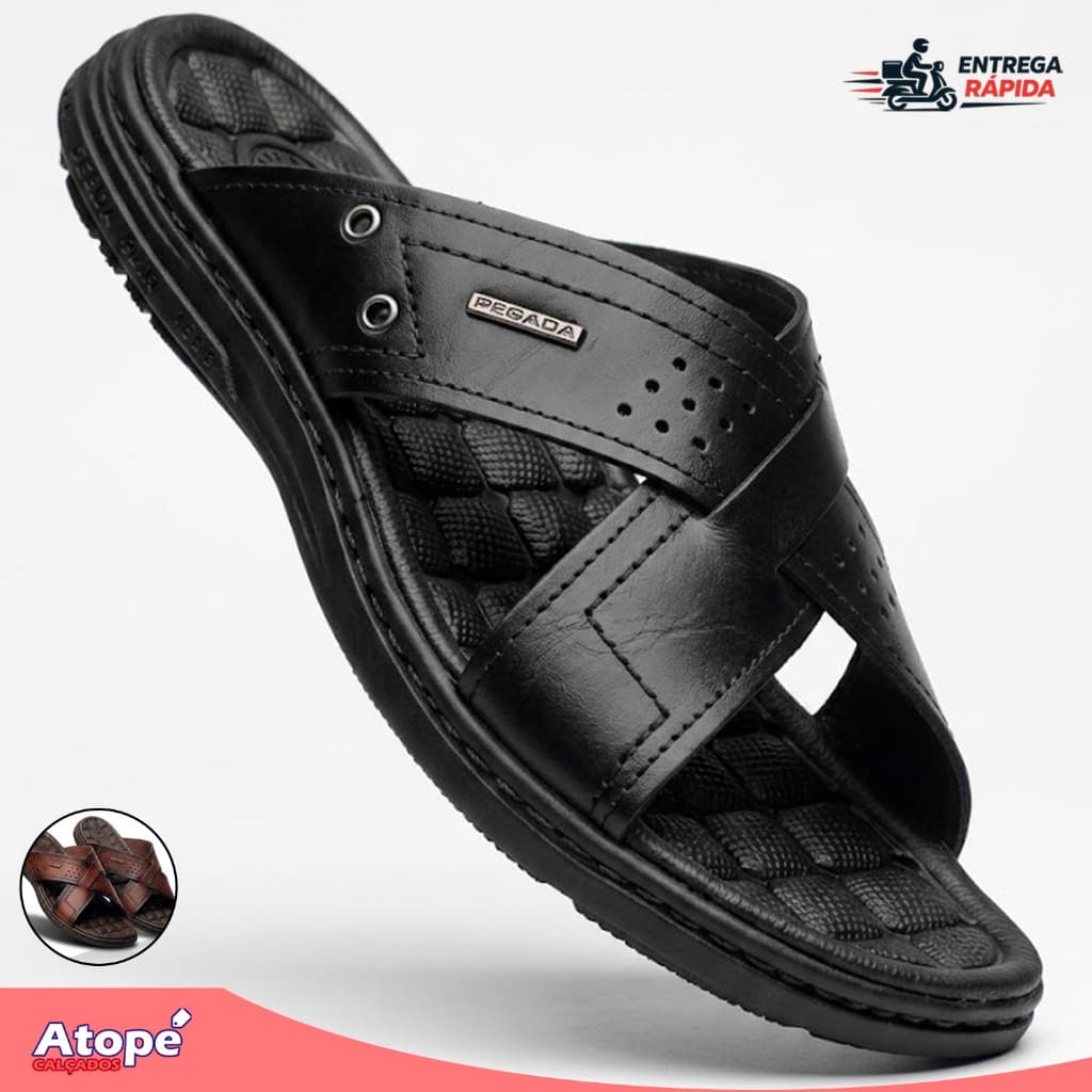 Chinelo Sandália Pegada Masculino Couro Legítimo Amortecedor