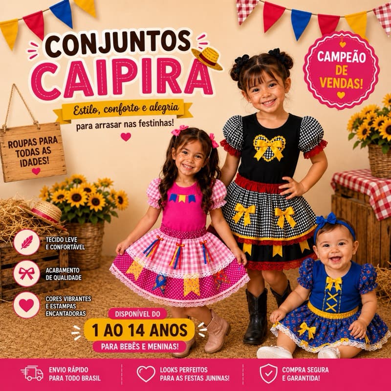 Conjunto Caipira Infantil Festa Junina Luxo Bebê e Menina 1 ao 14 Anos Roupa Junina Completa