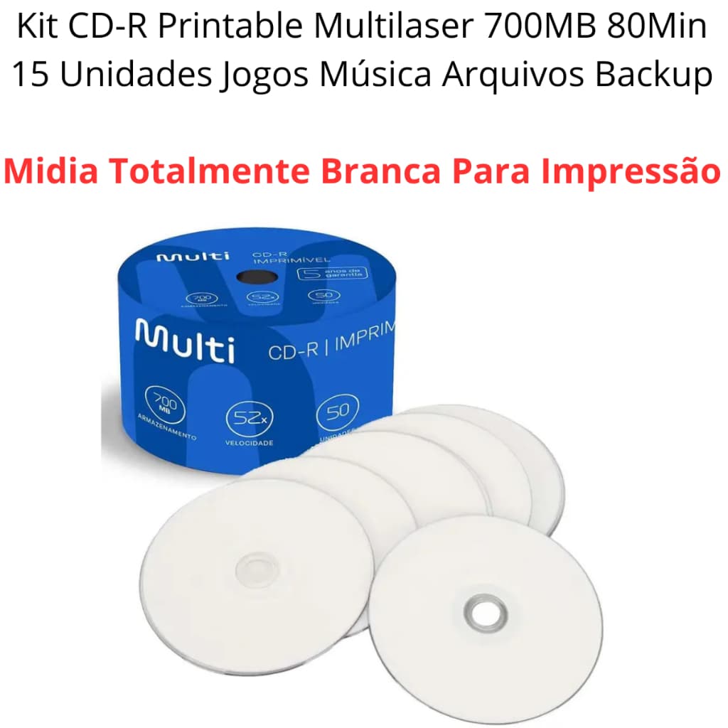 CD-R Printable Multilaser 700MB 80Min 52x Kit 15 Unidades Para Impressão e Gravação de Dados Música Jogos Backup