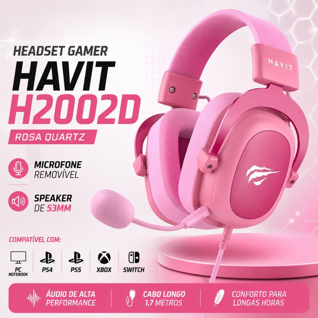 Fone Com Fio Headset Gamer Havit H2002D Rosa Quartz P2 PC PS4 PS5 Xbox Switch Microfone Removível Premium