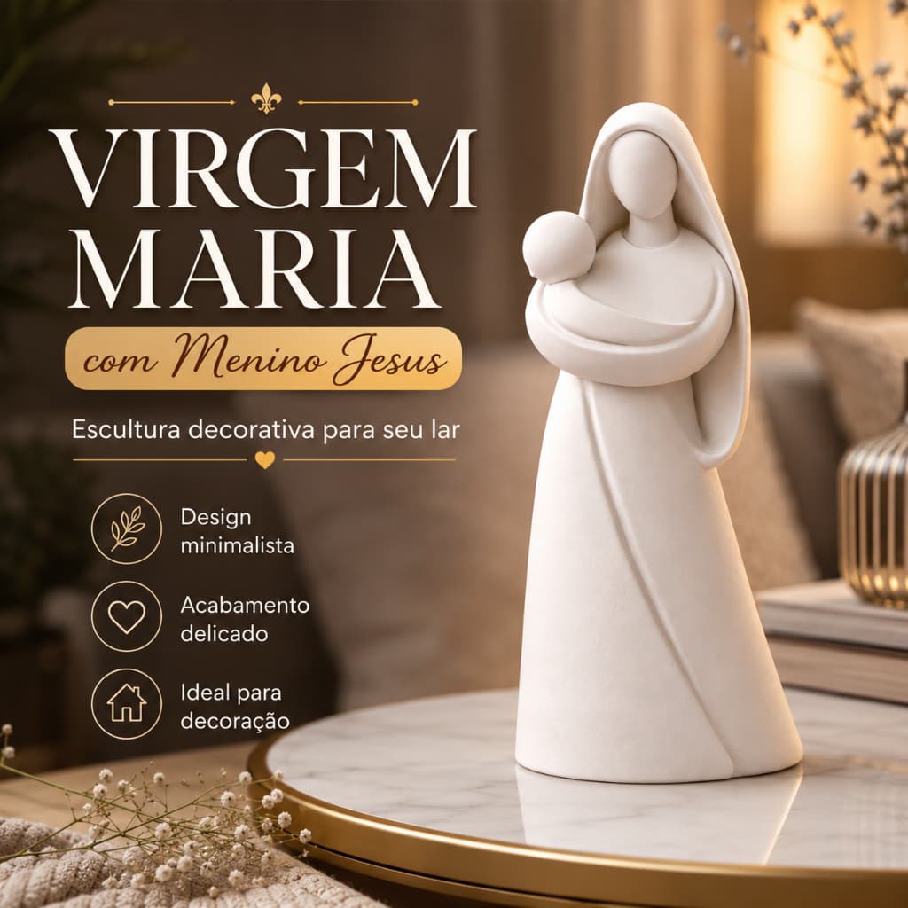 Escultura Decorativa Virgem Maria com Menino Jesus – Decoração Minimalista e Espiritual