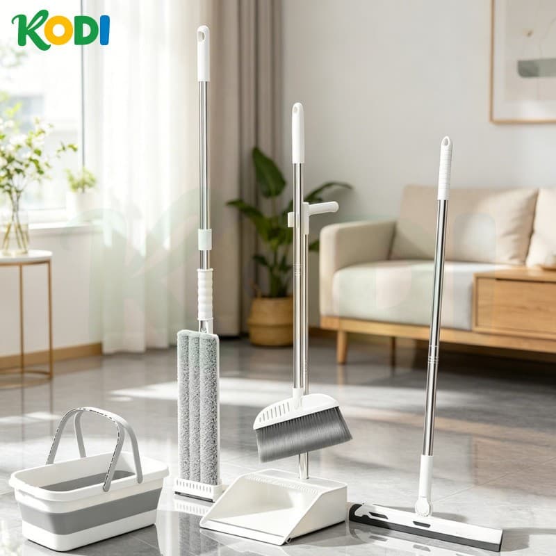 Kit Limpeza Mágico 5 em 1 | Rodo com Cabo de Aço Inoxidável, Vassoura Chata, Pá Coletora e Escova Poeira - S7