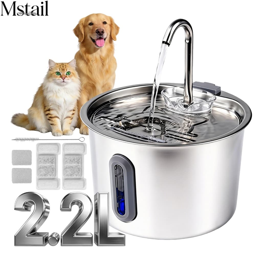 Mstail Bebedouro Fonte Água 3.2L Filtro Silenciosa Inox Para Gatos Cães Cartucho de filtro + algodão filtrante incluídos