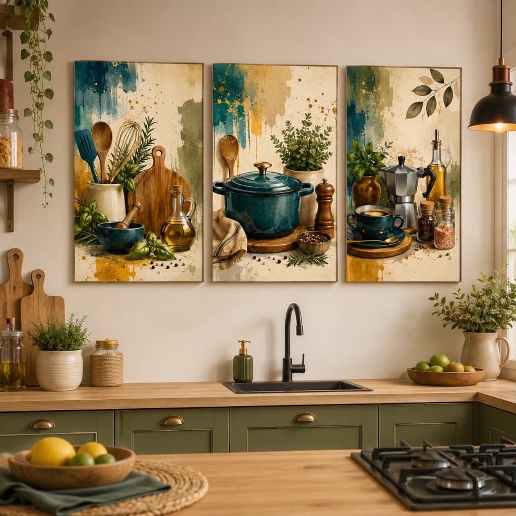 Kit 3 Quadros Decorativos Cozinha Gourmet Moderno Utensílios Café MDF Alta Qualidade