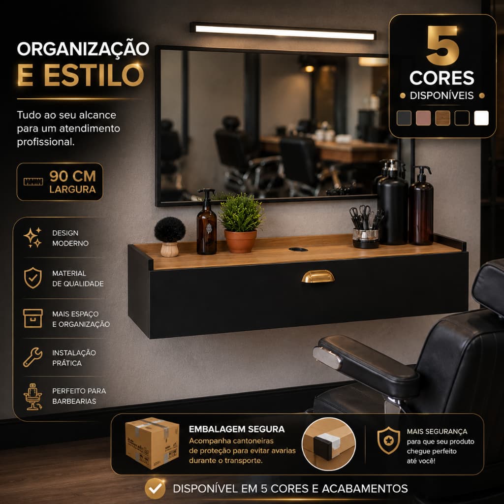 Bancada de Barbearia Suspensa Urban Barber 90cm Compacta Salão Estação de trabalho