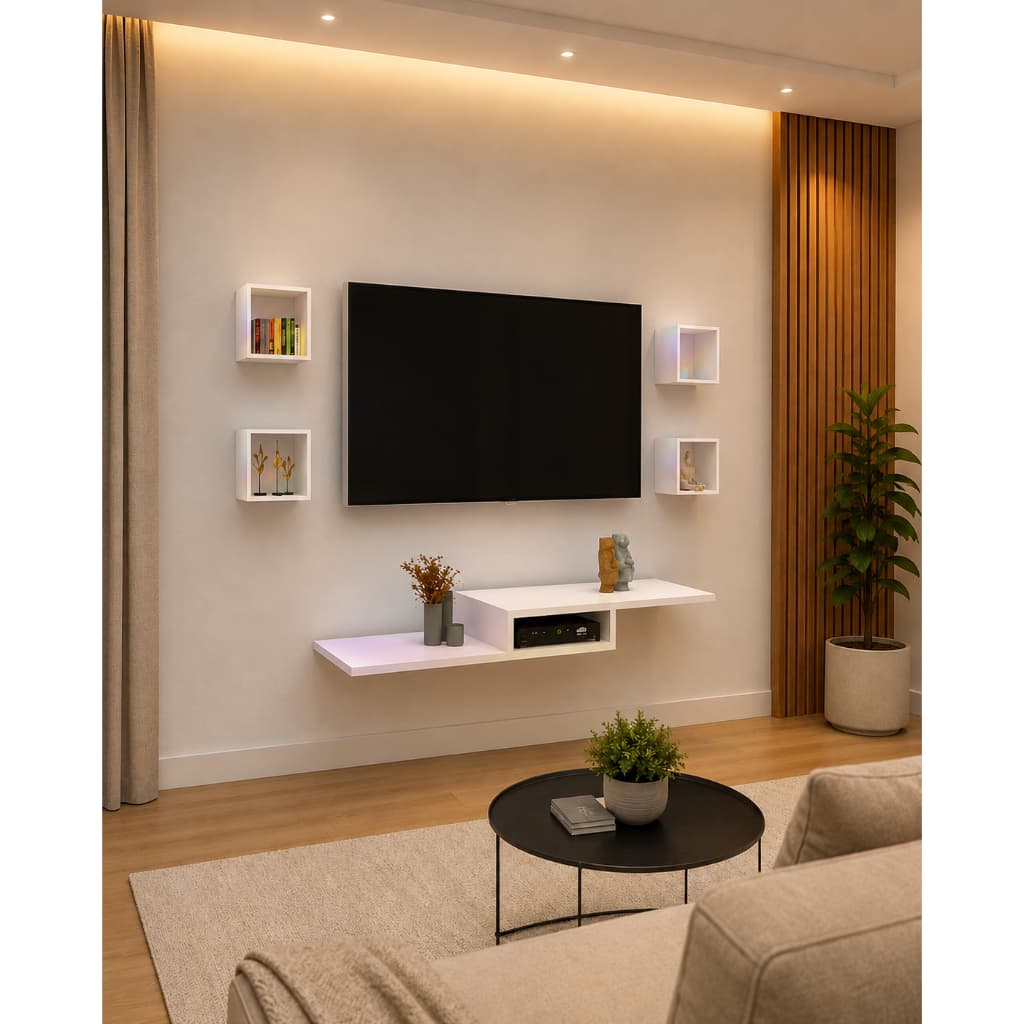 Kit Painel Rack Suspenso Moderno 105cm + Conjunto 4 Nichos Quadrados MDF