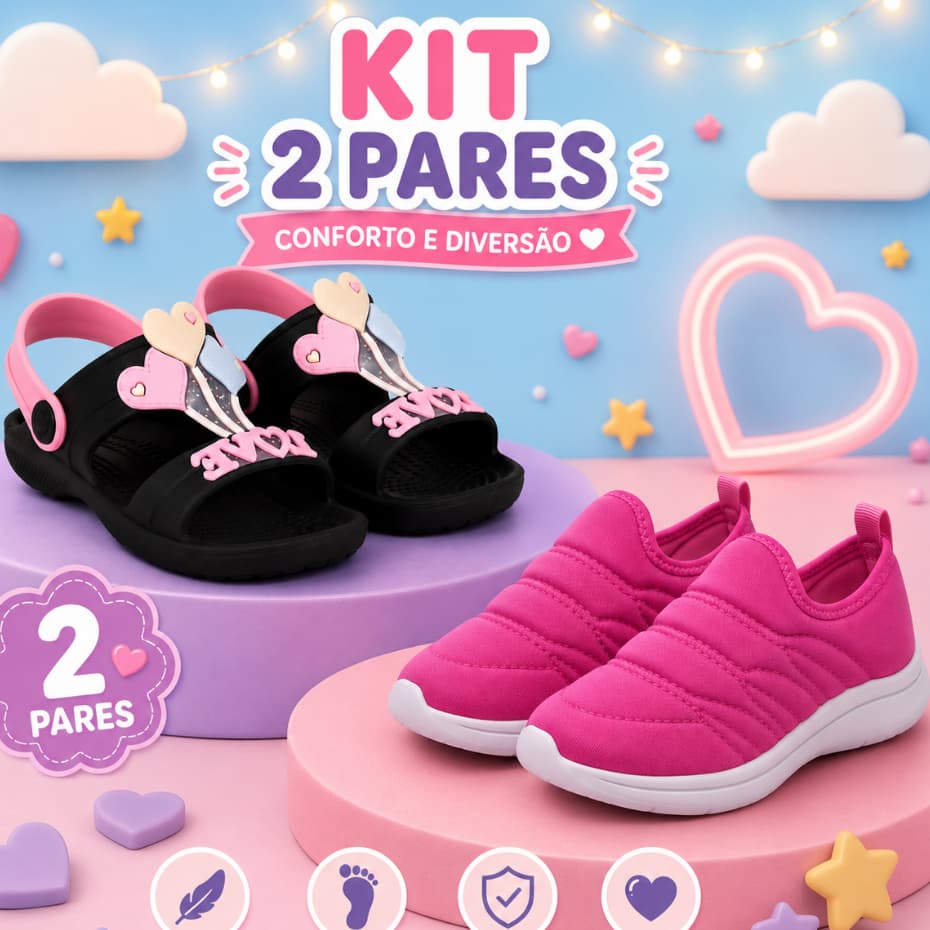 Kit Sandália Papete Infantil + Tênis Feminino Confortável e Leve
