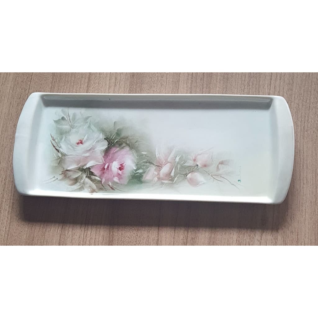 Linda Travessa Petisqueira em Porcelana Prato com Desenho de Flores Pintado a Mão 30cm (Antiguidade)