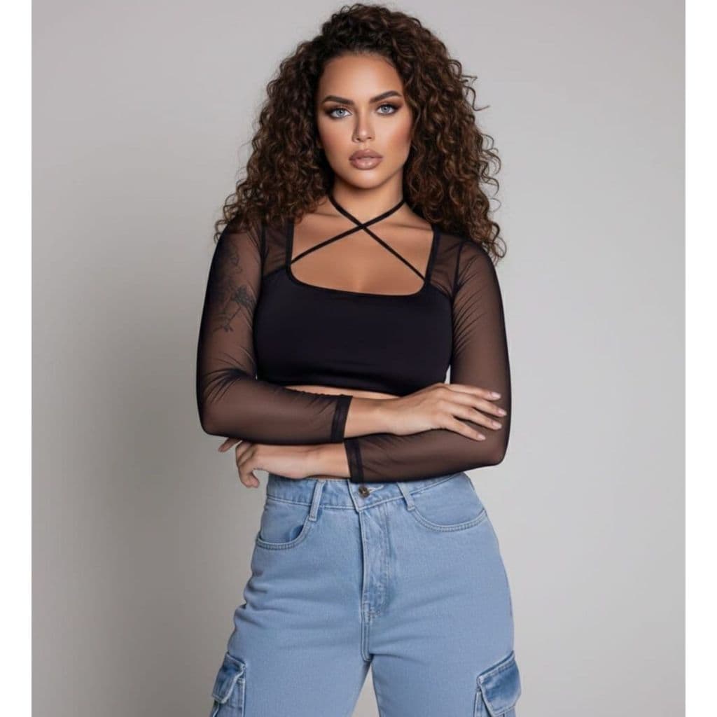 cropped suplex manga longa cropped tule cruzado no colo cropped feminino manga longa tule cropped suplex com transparênc
