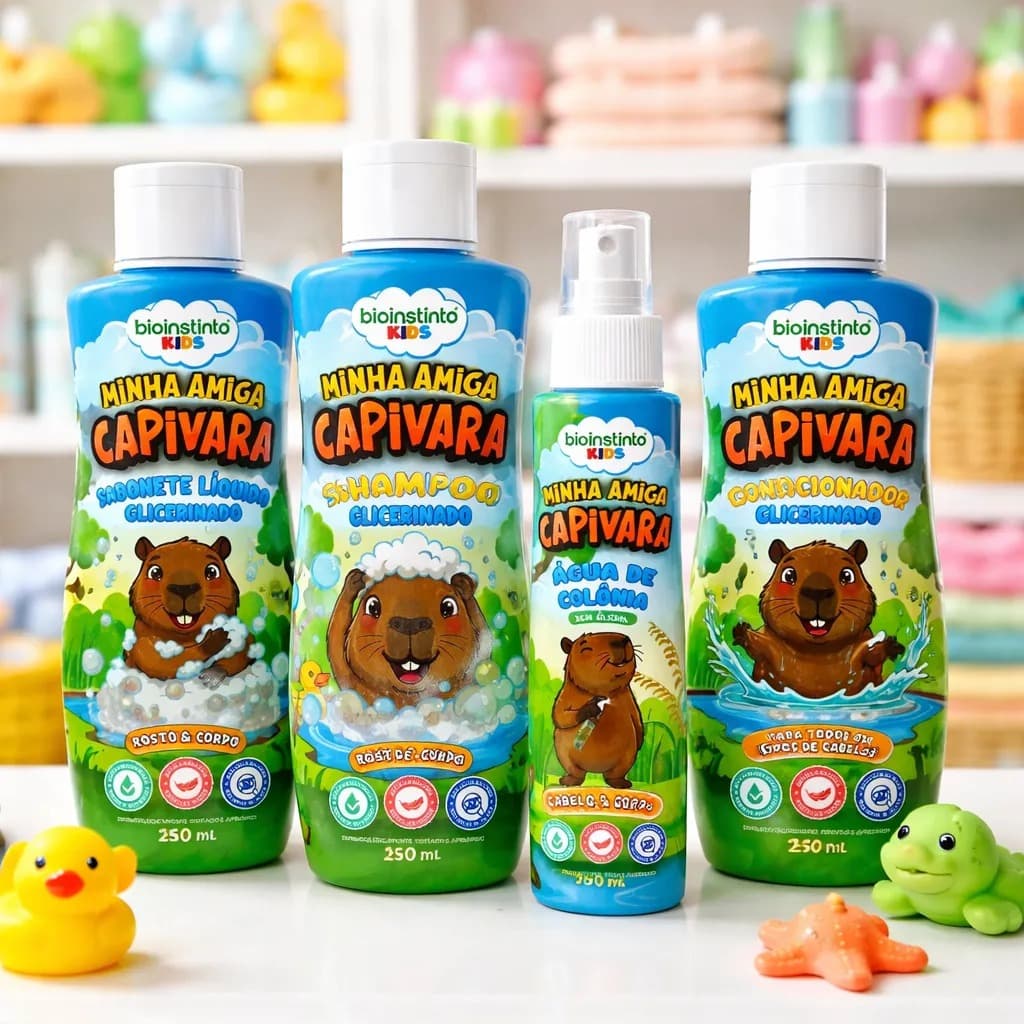 Kit Banho Infantil Amiga Capivara Bio instinto Kids Shampoo Condicionador Colônia Sabonete Líquido
