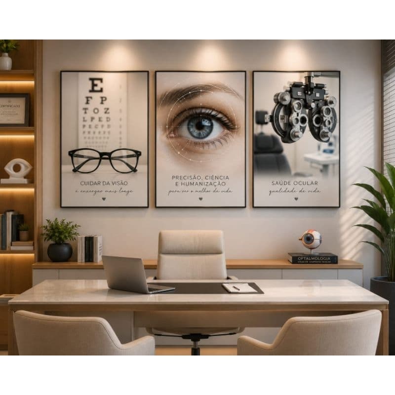 kit quadro decorativo 3 peças oftalmologia clínica dos olhos oftalmo