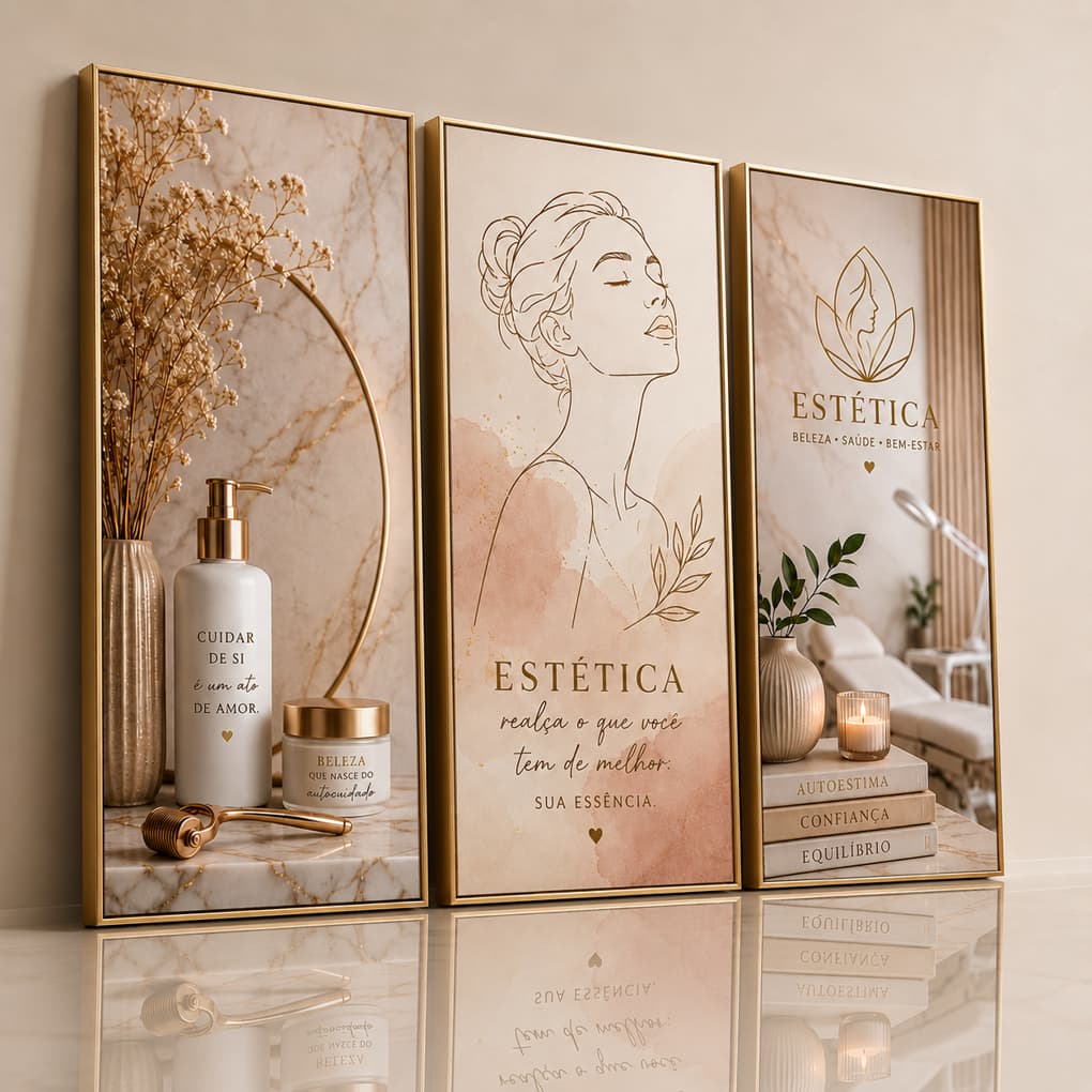 Quadro Decorativo 3 Peças Estética Luxo Feminino Kit para Clínica Estética Spa Salão Moderno Rose