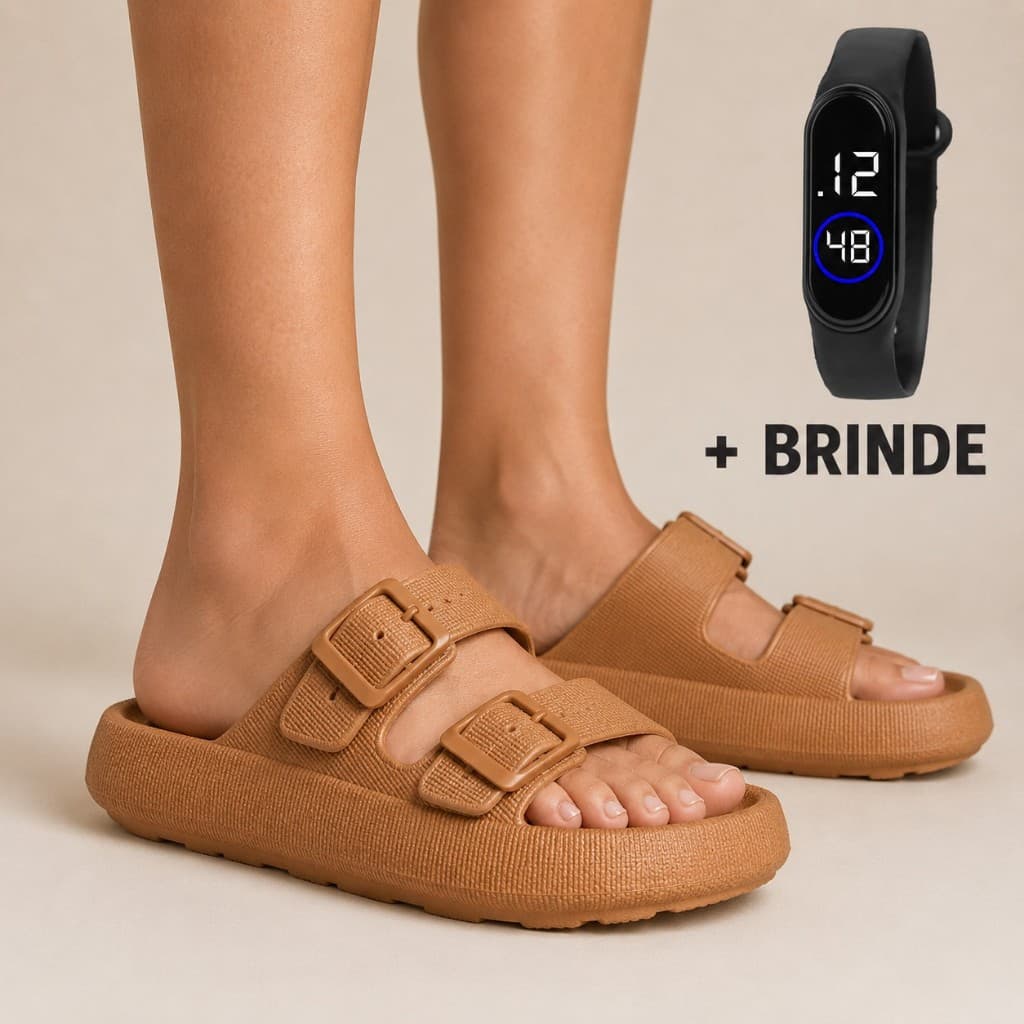 Chinelo Unissex Duas Tiras Ajustável Confortável Plataforma Leve + Relógio Led De Brinde