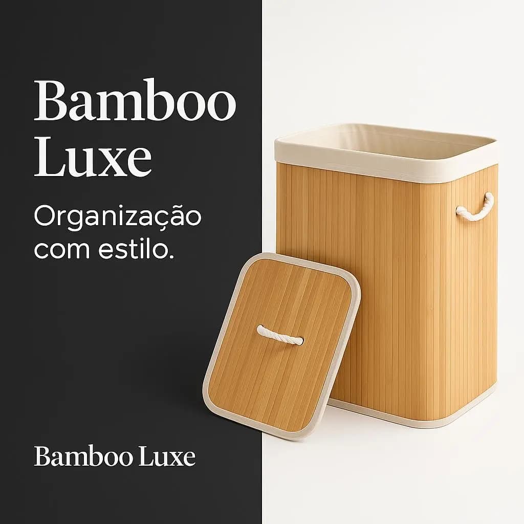 Cesto de Bambu Organizador 70L com Tampa e Alças Roupas Suja