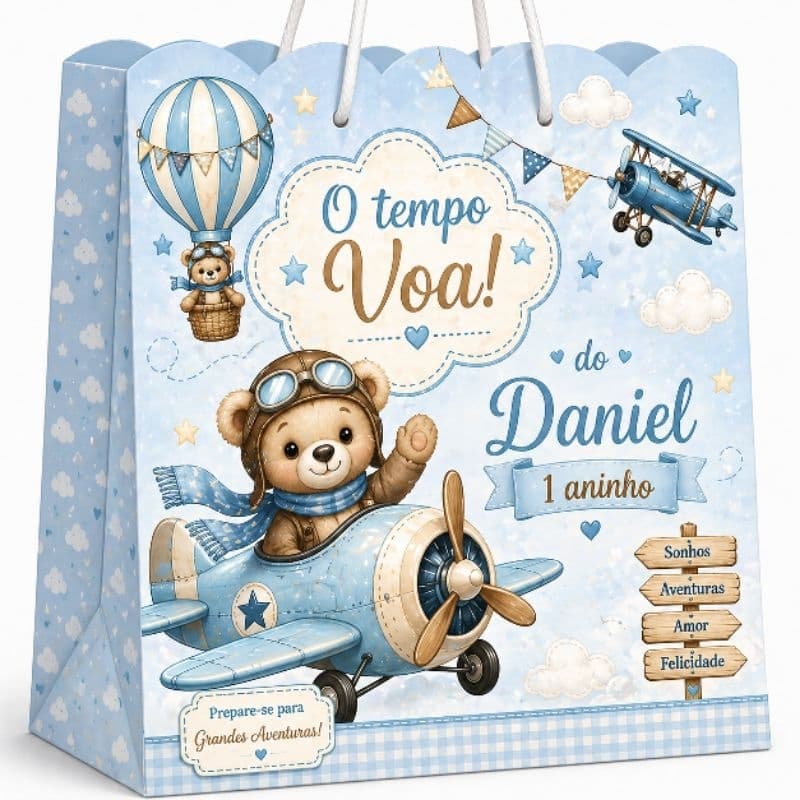 Sacolinha Surpresa Personalizada com Nome e Idade Tema Ursinho Aviador | Lembrancinhas Decoração Festa Infantil Menino