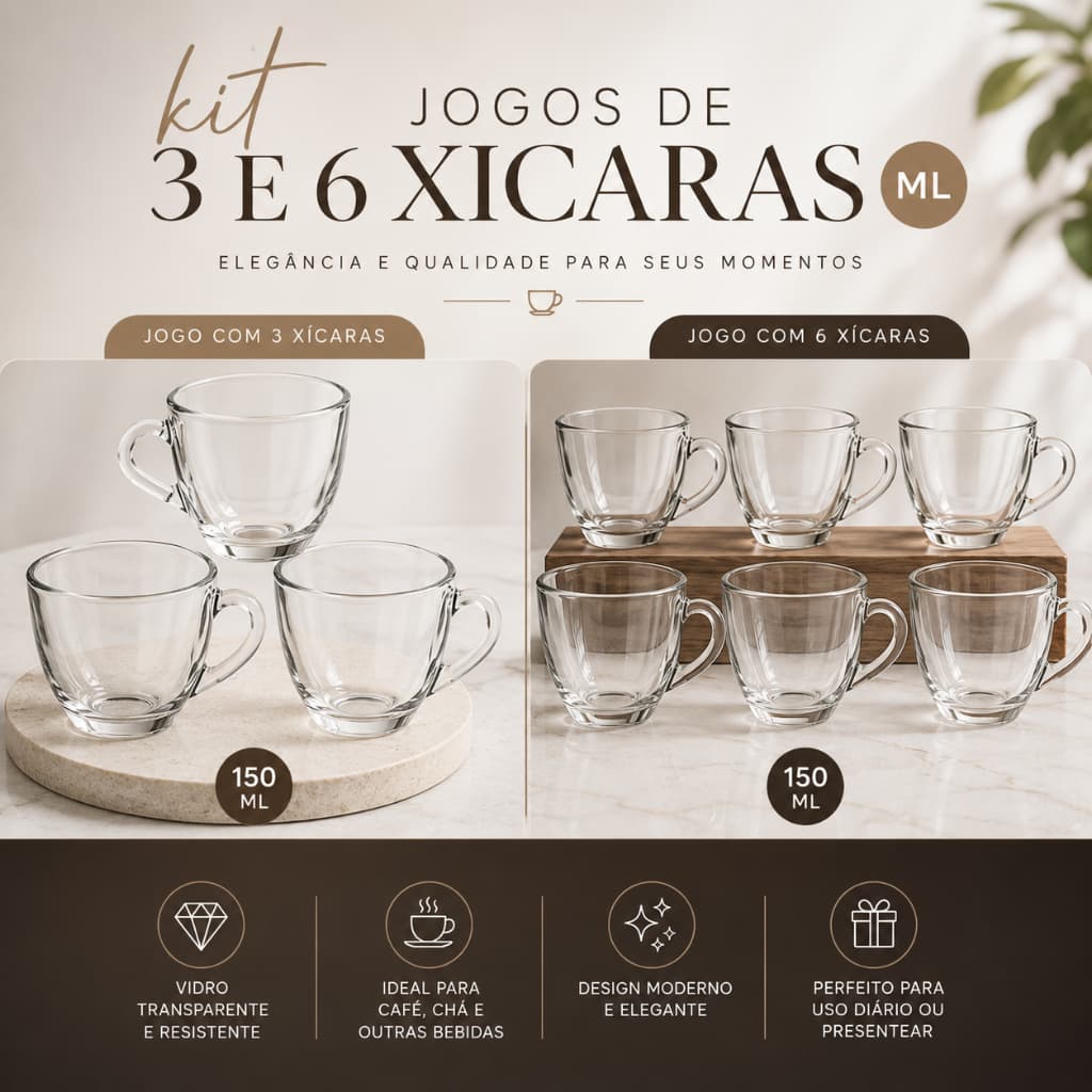 Jogo Xícaras Em Vidro 150ml Kit Canecas Para Chá Café