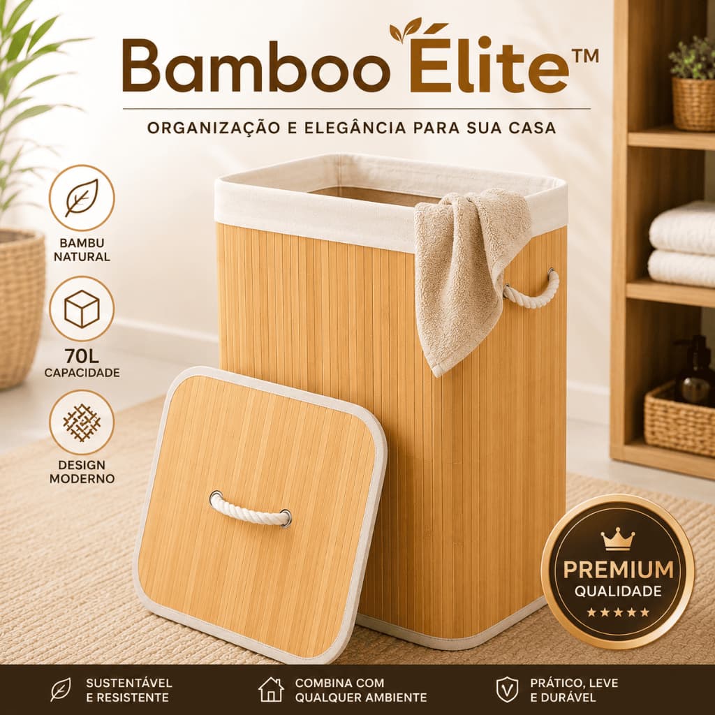 Cesto Organizador de Roupas BambooÉlite 70L com Tampa Bambu Dobrável Lavanderia Banheiro Closet
