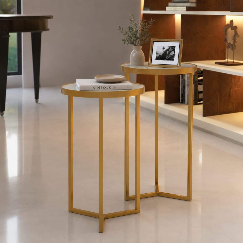 kit 2 Mesas Apoio Lateral Canto Metal Dourada Tampo Off White Sala Halls de Entrada Quarto