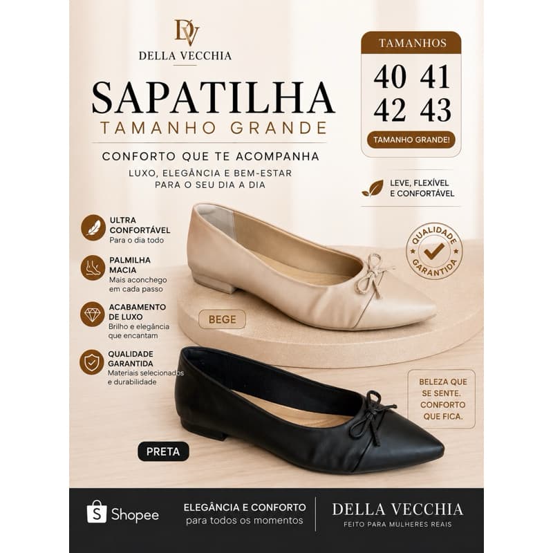 Sapatilha Feminina Bico Fino Confortável Trabalho Dia A Dia Sapatilha Tamanho Grande Especial 41 42 43  Della Vecchia