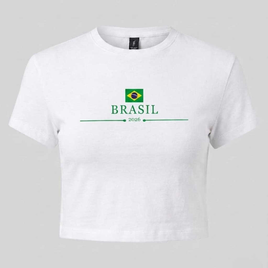 Cropped Blusa Brasil Feminino Copa Gola Redonda Manga Curta Algodão Futebol Lançamento Verde Amarelo Hexa Casual Torcedo