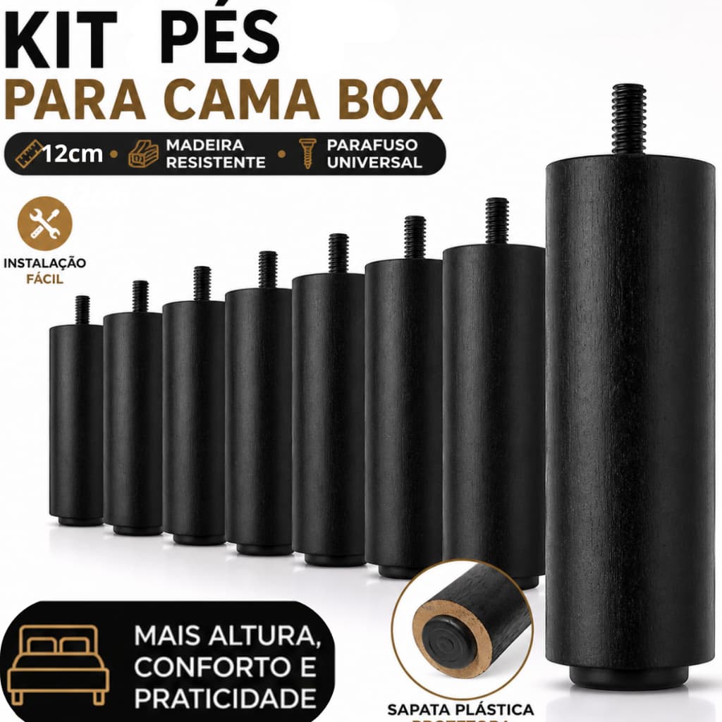 Pés Pézinho Para cama Box 12cm Padrão Madeira Maciça Cama Solteiro Casal Queen King - Universal