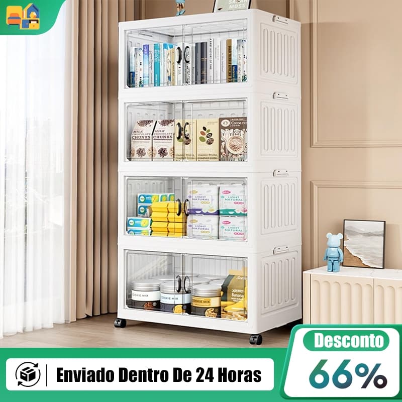Armário Organizador Dobrável Multiuso Quarto Cozinha Rodinhas Portas Transparentes 3 4 5 Camadas