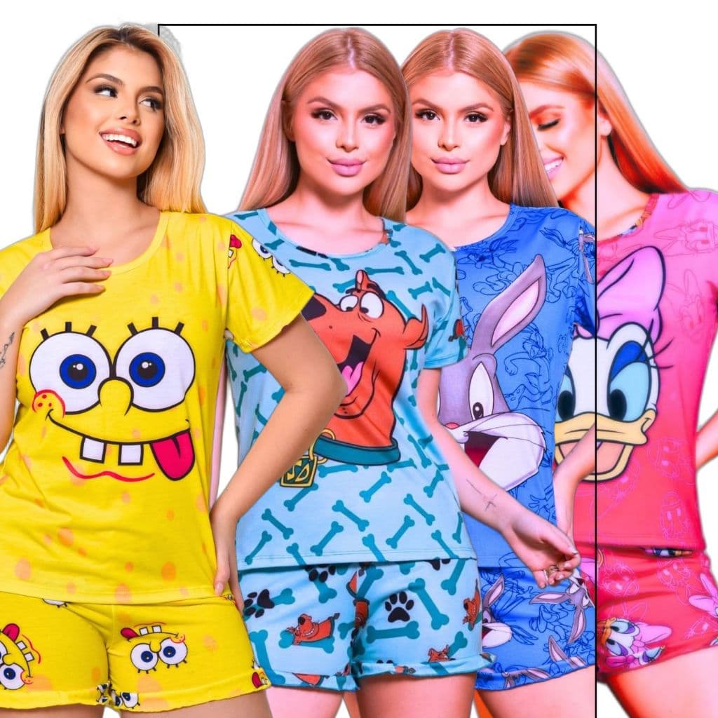 Pijama Feminino Verão Baby Doll Curto Adulto  Várias Estampas
