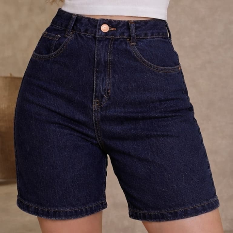 Bermuda Jeans Feminina Cintura Alta Azul Premium Bolsos Funcionais Modelagem Reta