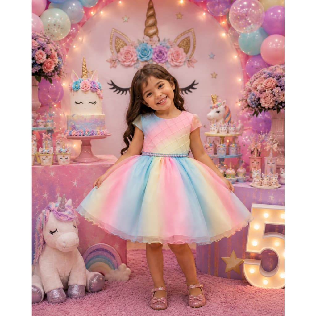 Vestido Circo Unicórnio Arco-Íris Luxo Chuva de Bençãos Menina de 1 a 12 anos