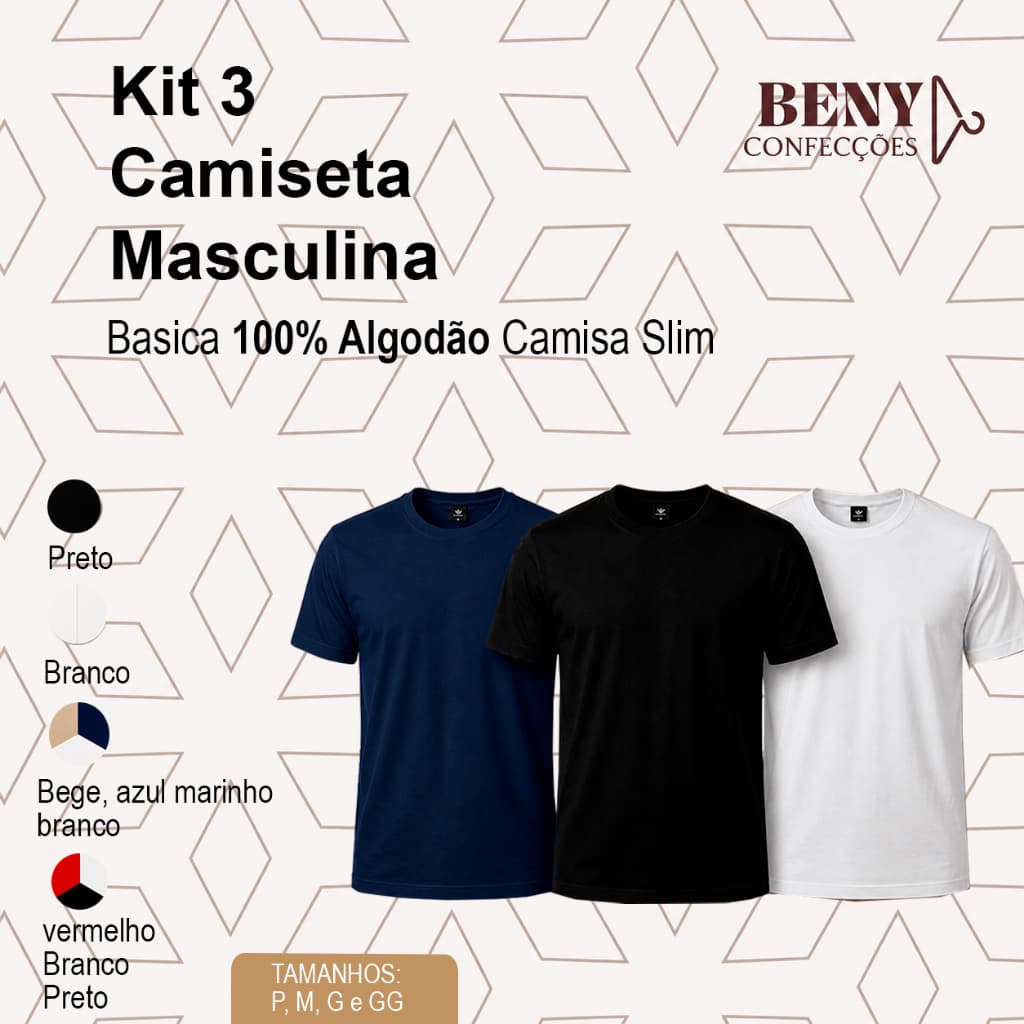 Kit 3 Camisetas Masculina 100% Algodão Camisa Slim Básica
