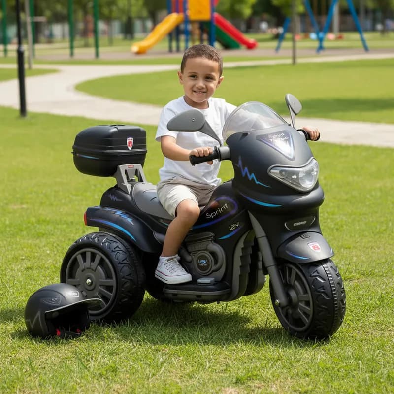 Moto Eletrica Biemme Sprint Turbo 12V com Capacete Preta Motoca Infantil Menino Menina Motinha
