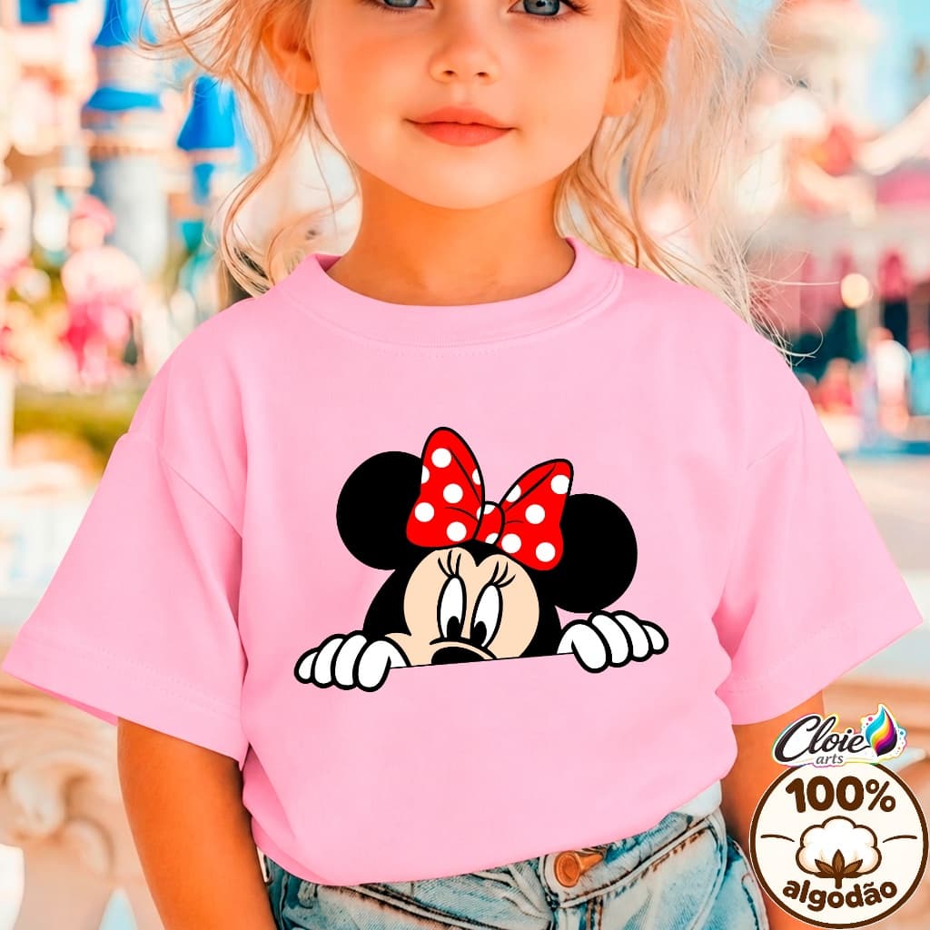 Camiseta Infantil 100% Algodão Minnie Mouse Estilo Princesa Delicada Blusa Fashion Laço Magico Mundo Encantado Diva Kids