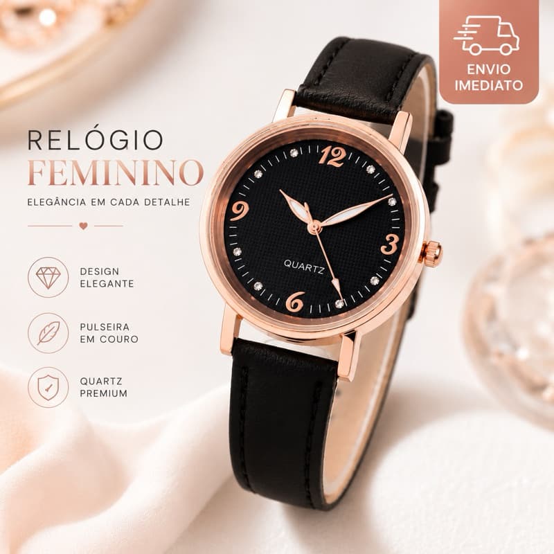 Relógio Feminino Elegante Preto Rose Luxo Pulseira Couro Quartz