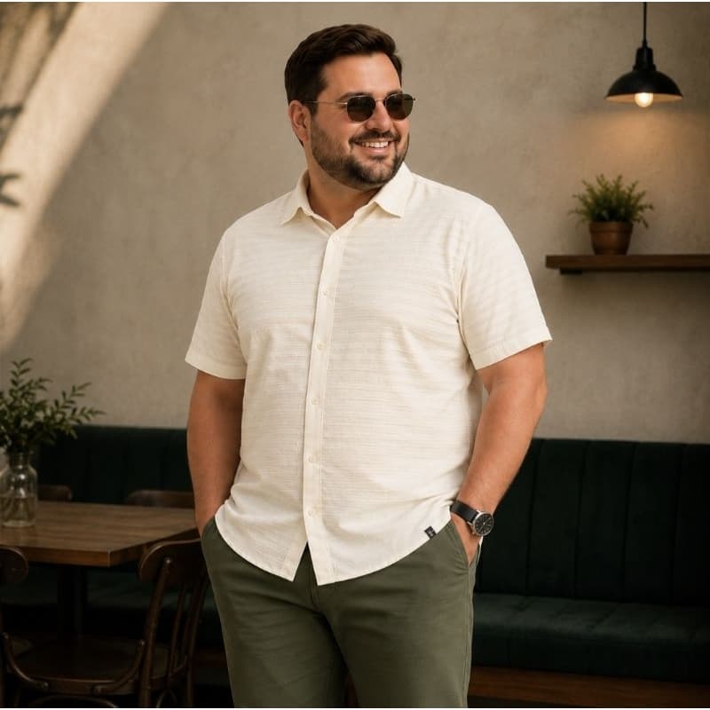 Camisa Manga Curta Masculina Premium Plus Size G1 Off White Casual Moderna Texturizada Elegante