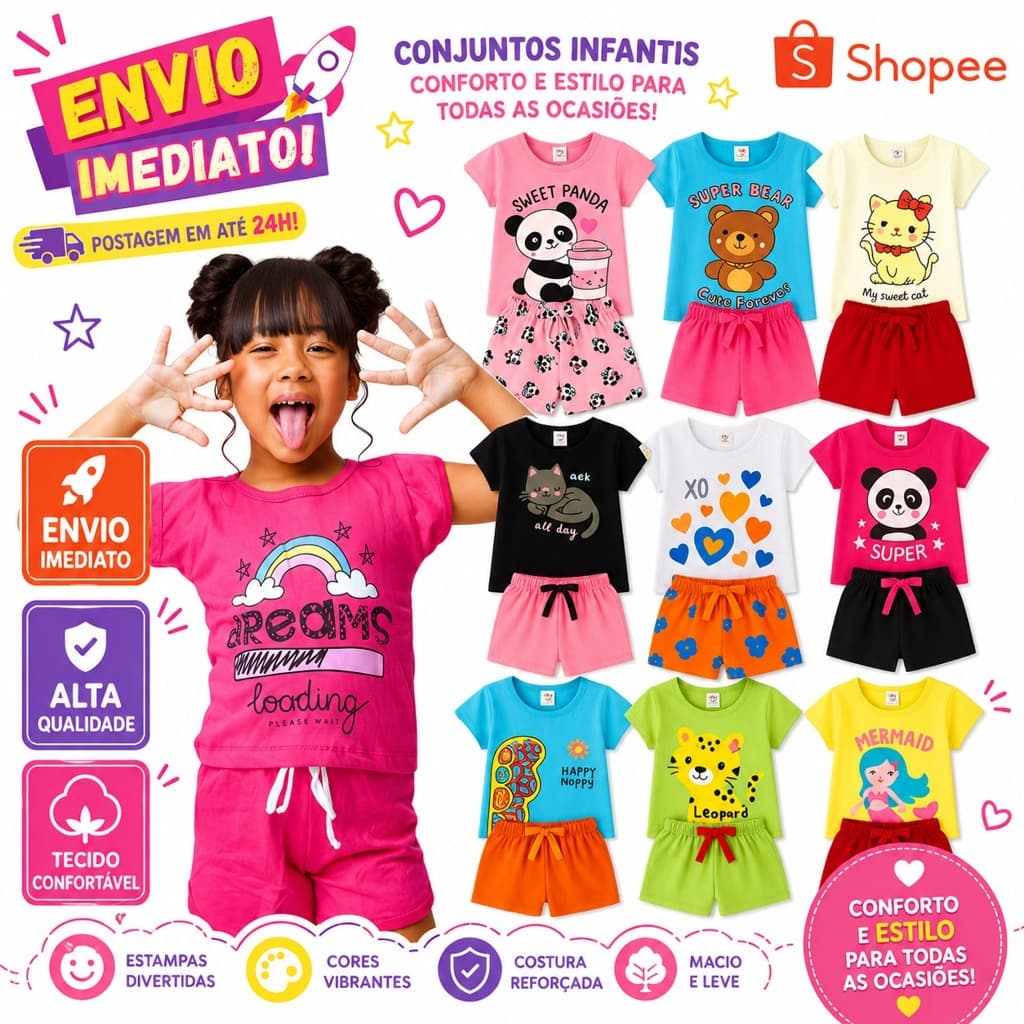 Kit 4 Peças Roupa Infantil Menina Conjunto Blusa e Short Sortido Criança Promoção