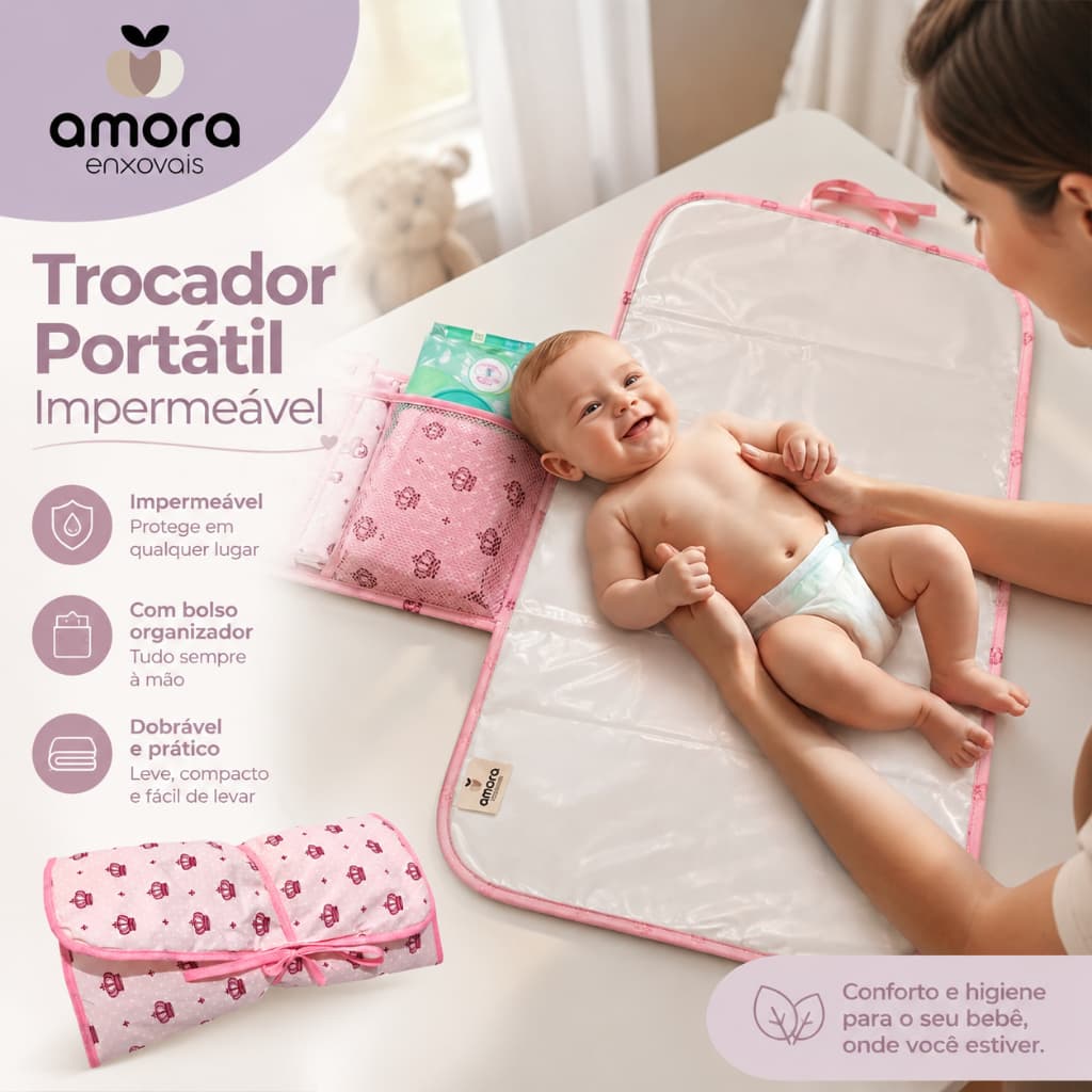 Trocador Portátil Bebê Impermeável Com Bolso Organizador Dobrável