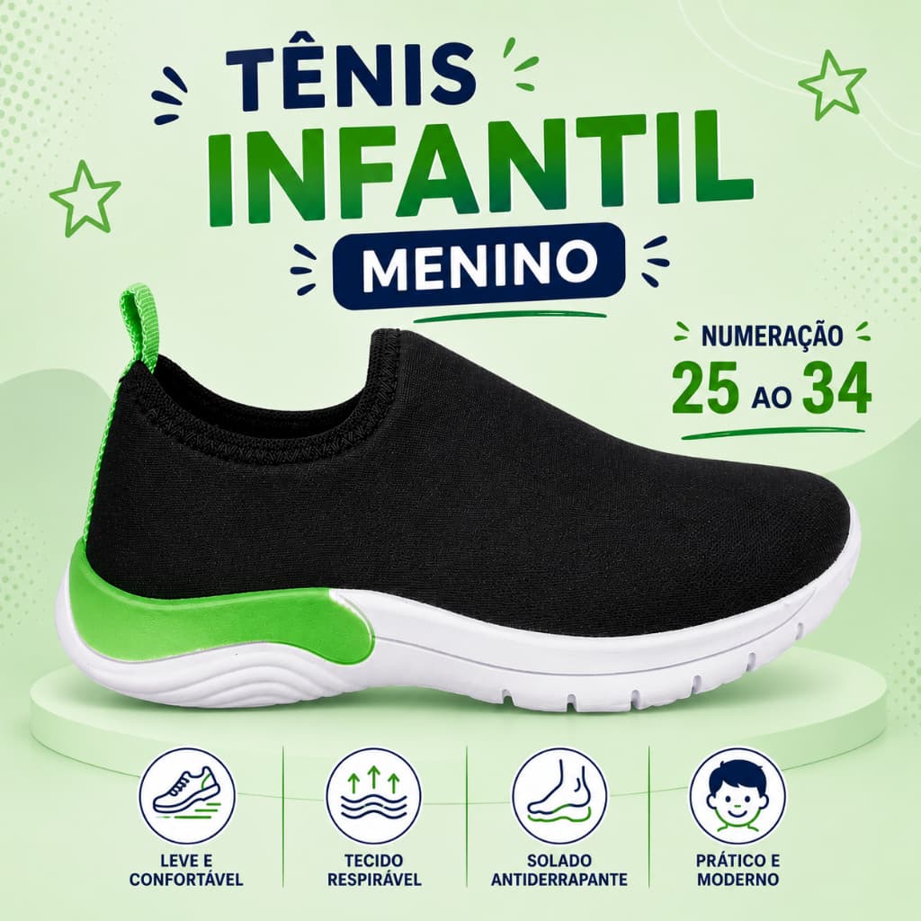 Tênis Infantil Calce Fácil Menino Super Leve Escolar Preto Confortável Original 25 Ao 34