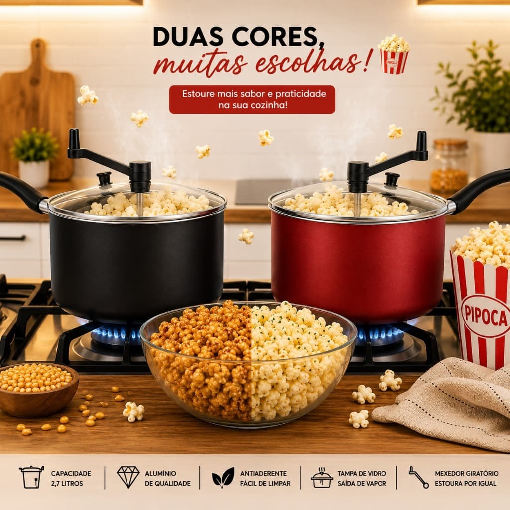 DPAR Pipoqueira Profissional Antiaderente Tampa de Vidro Pipoca Alumínio 2,7L Cozinha Reforçado Cinema
