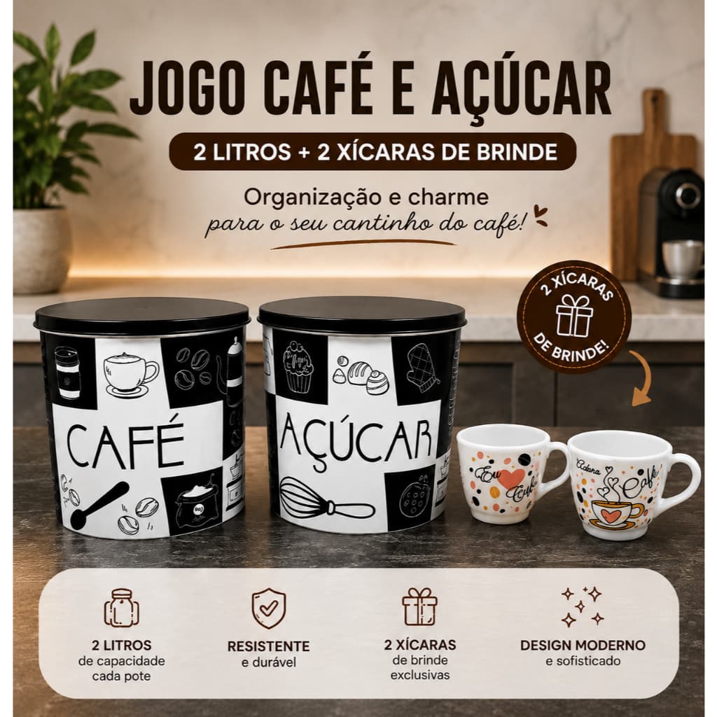 Conjunto Café Açúcar 2L com 2 Xícaras Brinde | Porta Mantimentos Decorativo