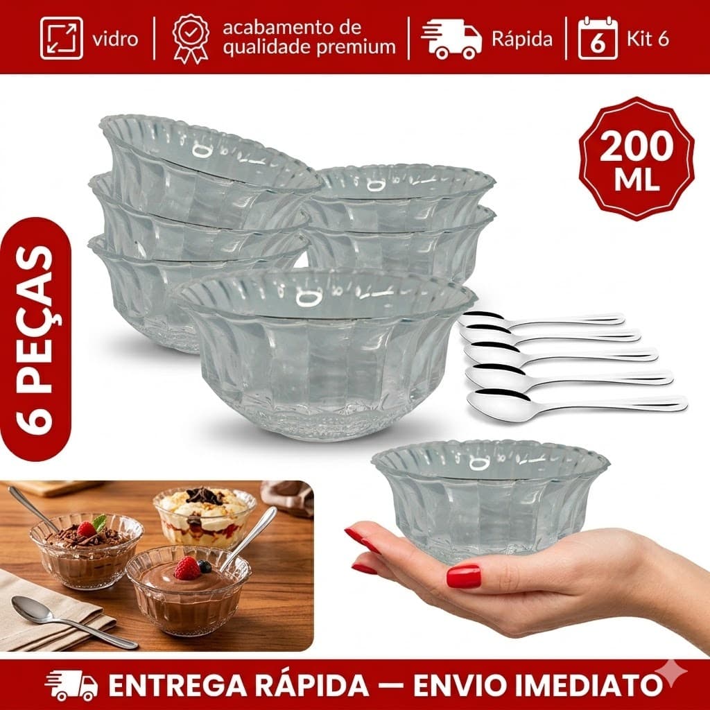 Kit Jogo de 06 Taça de vidro Konia Sobremesa 200ml Opaline + 06 Colheres Linha Euro Inox Original