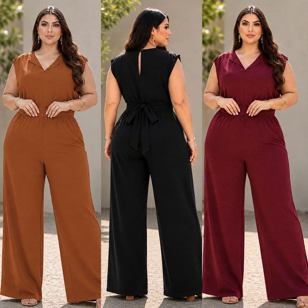 Macacão Feminino Longo Elegante Plus Size Casual E Social Pantalona Amarração na Cintura Eventos Festas Casamento Moda