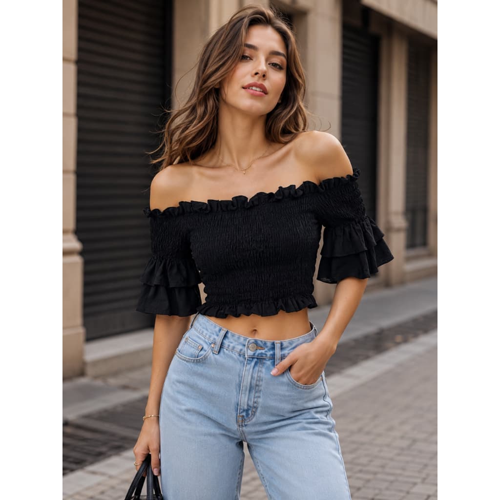 Blusa Cropped Ciganinha Feminina Manga Babado Franzida | Top Ombro a Ombro Ajustado Moda Verão Casual Elegante